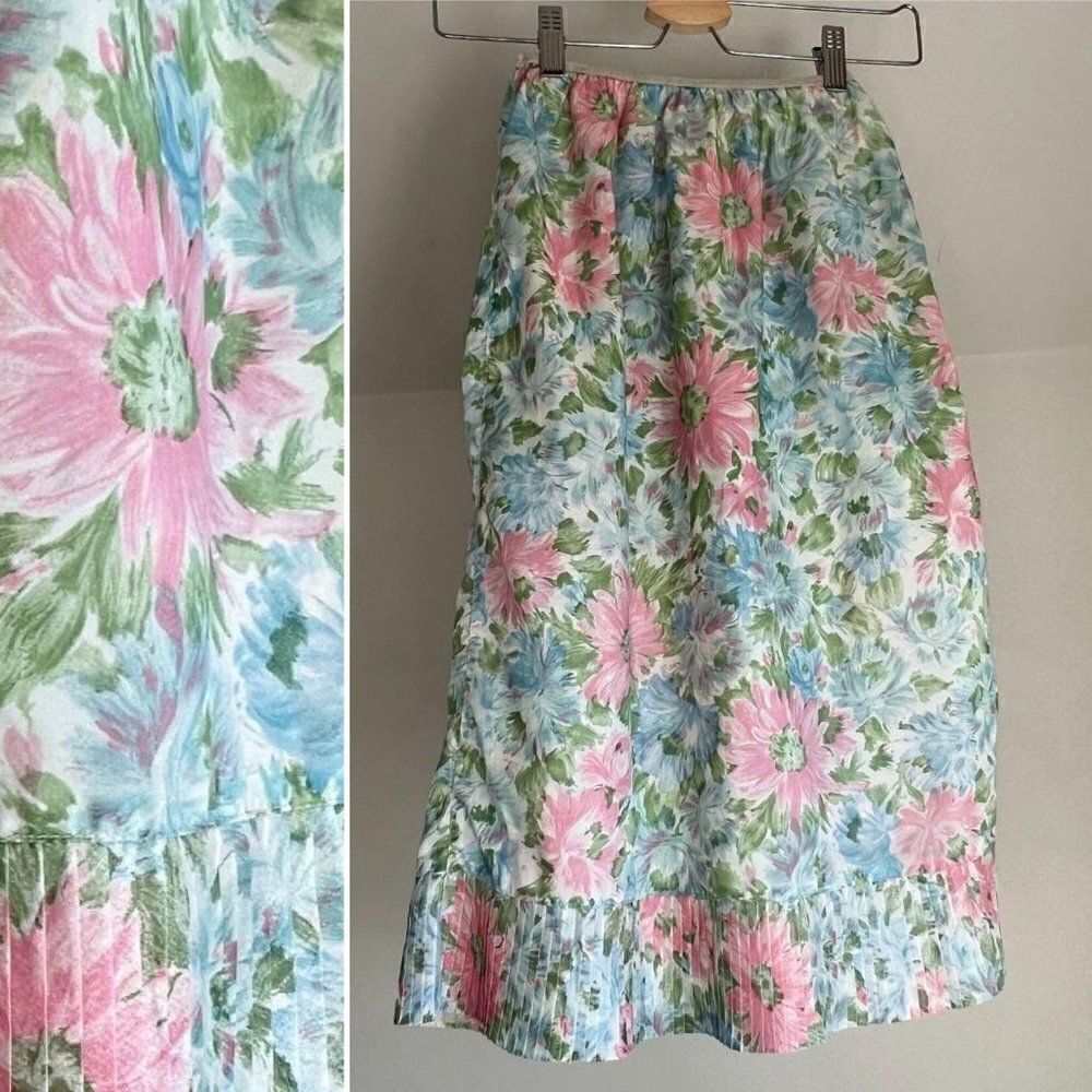 Vintage Floral Slip Skirt Groovy MCM Midi Pleated Retro Print‎ Pastel Small